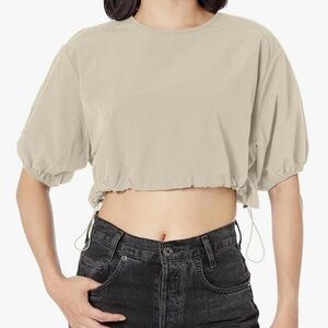Moon River Cream Adjustable Shirred Short Sleeve Crop Top